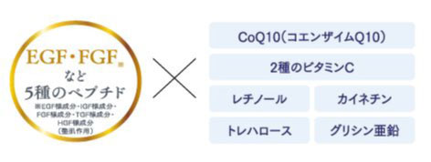 EGF・FGFなど5種類のペプチドと、コエンザイムQ10・ビタミンC・レチノール・カイネチン・トレハロース・グリシン亜鉛