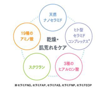乾燥・肌荒れをケア。天然セラミド・ヒト型セラミドコンプレックス・19種のアミノ酸・スクワラン・3種のヒアルロン酸